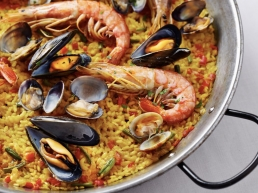 Seafood paella, in a wok after slow cooking