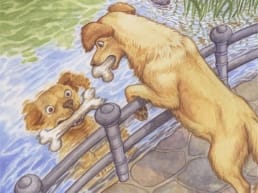 Drawing of greedy dog with bone in his mouth, looking at his own reflection in a pond