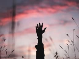 A person raising their hand in the grass with a colorful sunset background preparing to brace themselves for predicted pain coming their way.